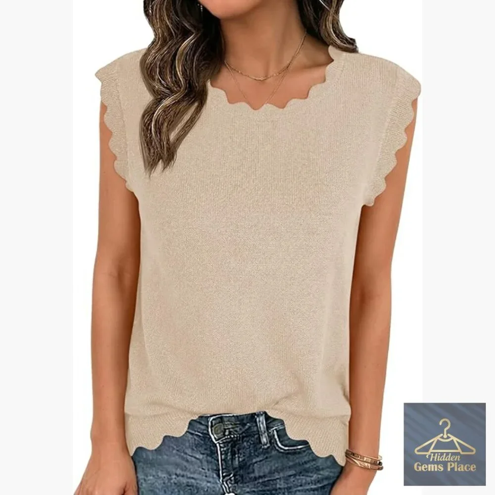 Soft Knit Sweater Vest Tank Top with Scallop Trim Loose Fit